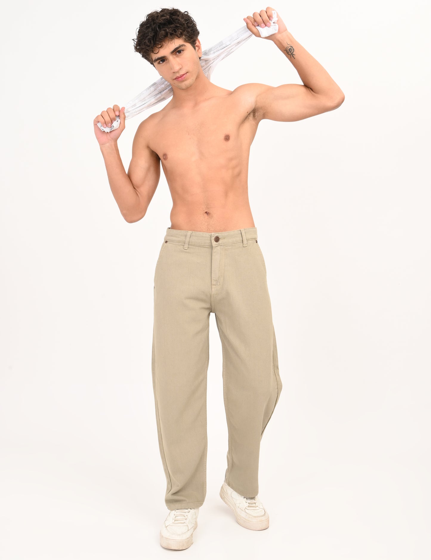 Beige Colored Loose Fit Denim Jeans