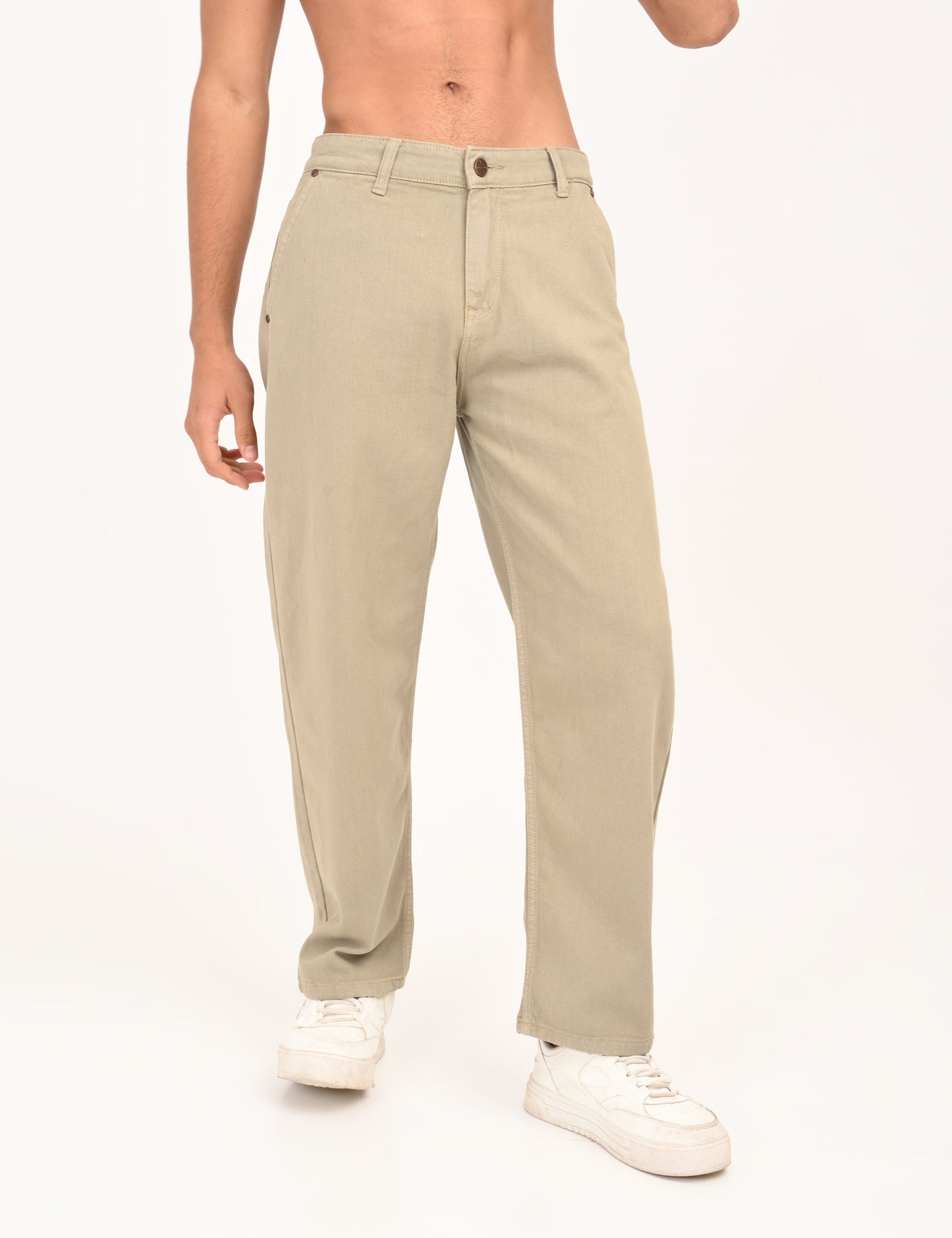 Beige Colored Loose Fit Denim Jeans