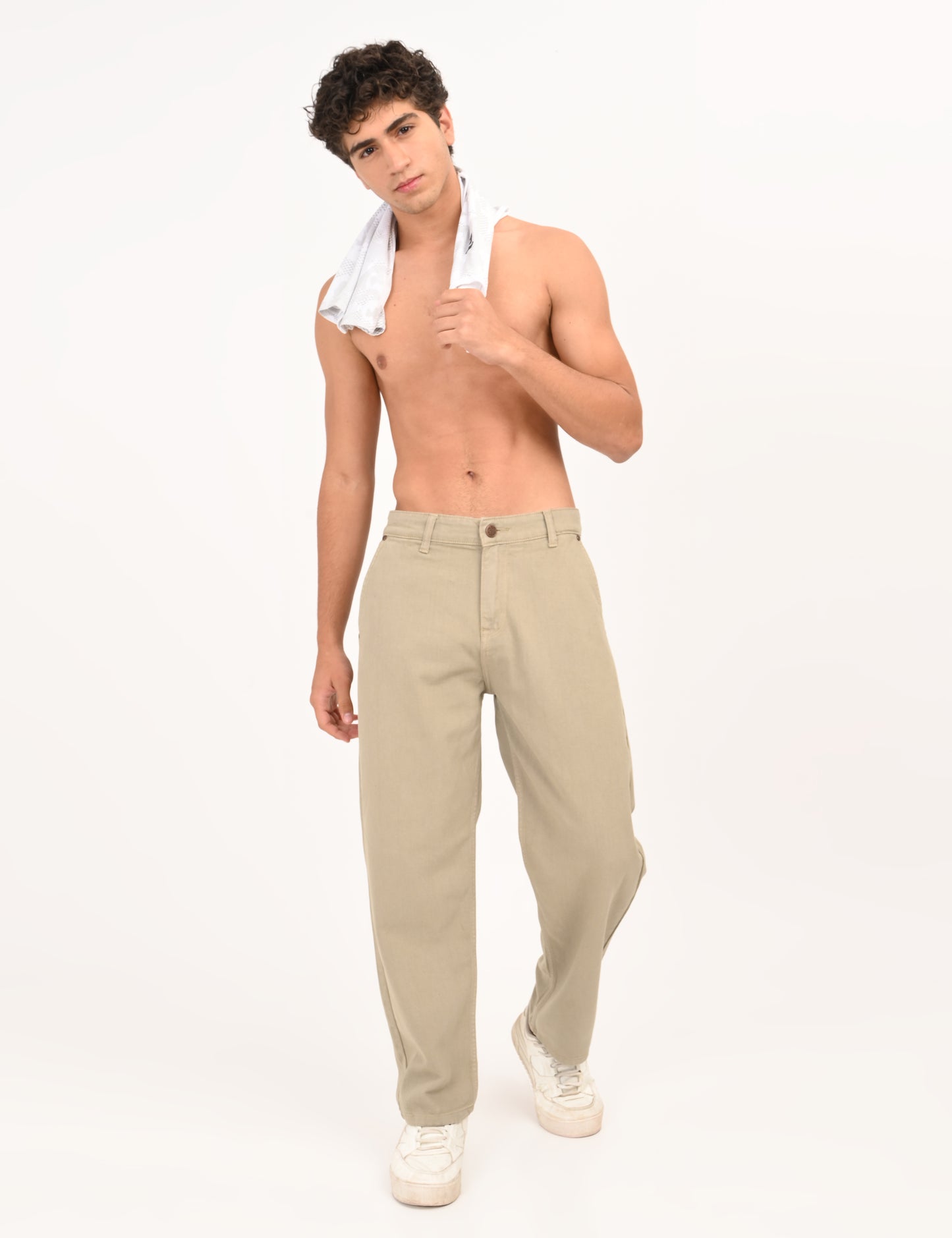 Beige Colored Loose Fit Denim Jeans