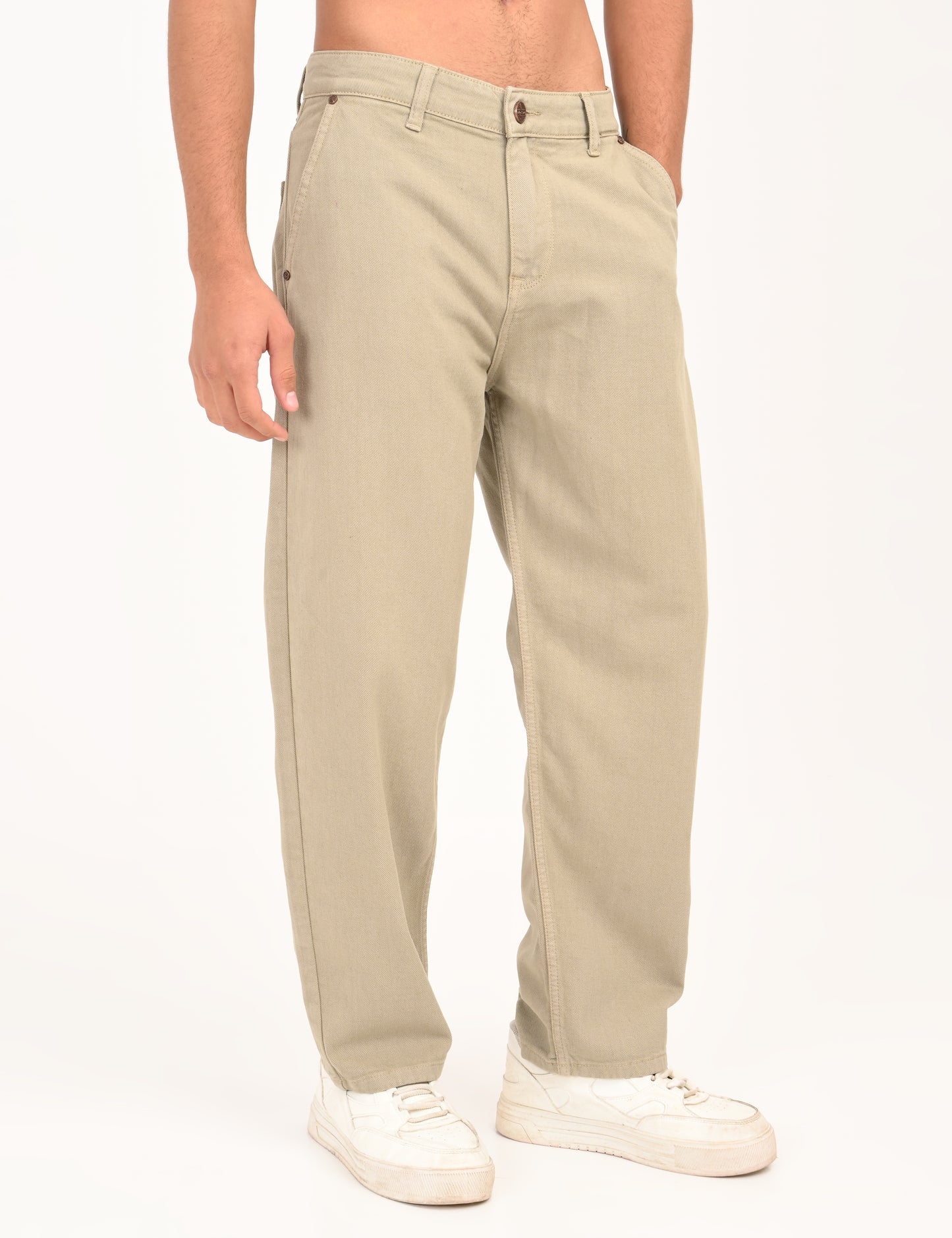 Beige Colored Loose Fit Denim Jeans