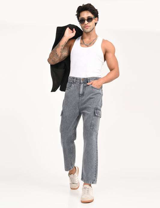 Ash Black - Premium Tapered Fit Cargo Jeans