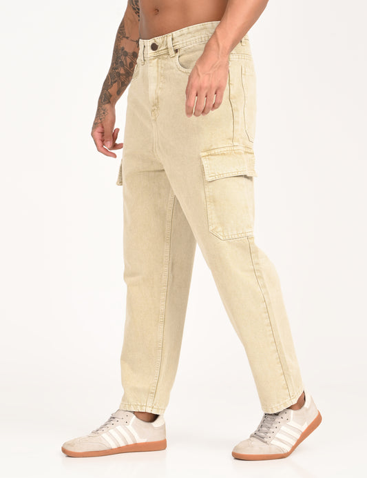 Beige - Premium Tapered Fit Cargo Jeans